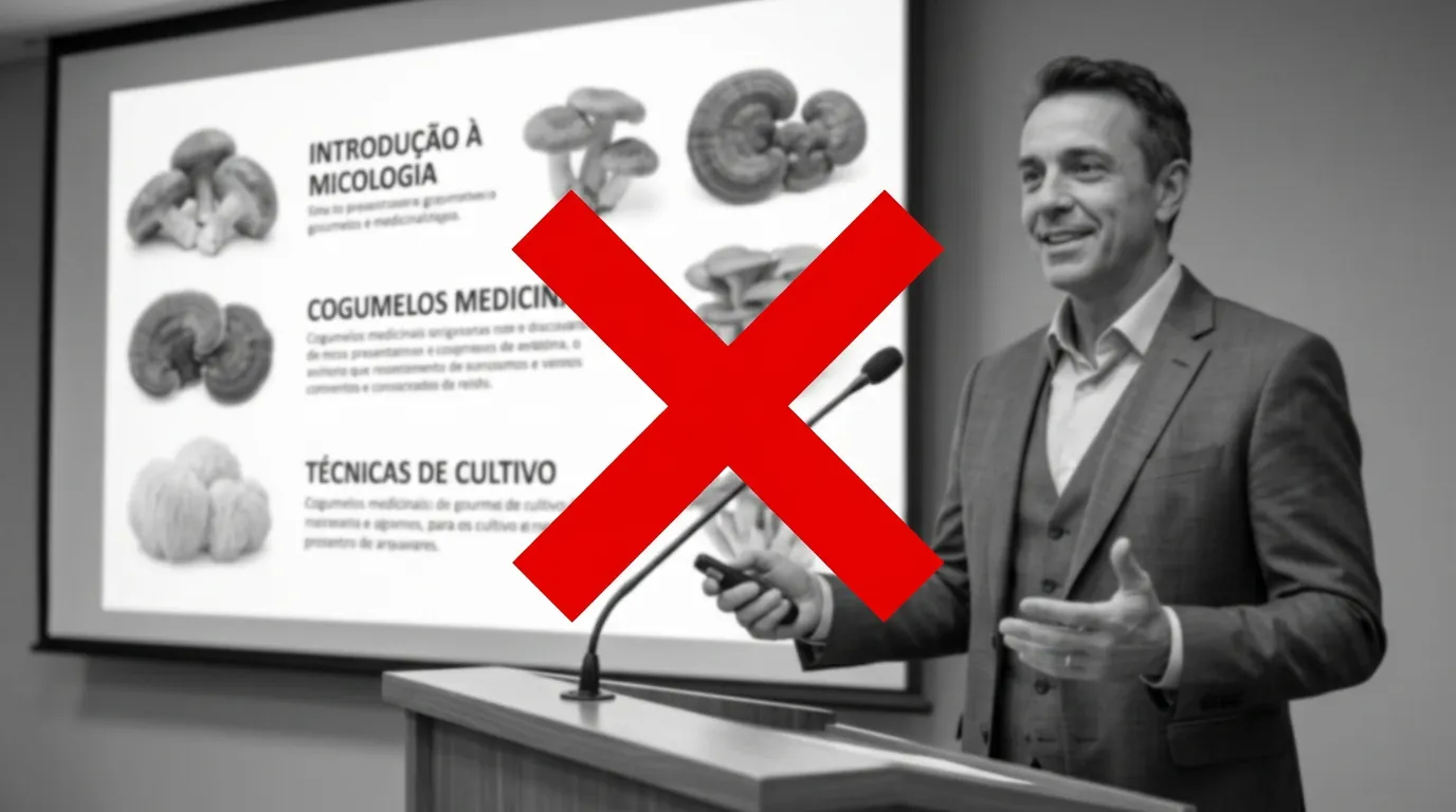 Teórico de palco vendendo teoria sobre cogumelos